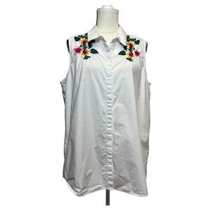 Athena Marie White Sleeveless Blouse with Floral Embroidery Size Extra Large